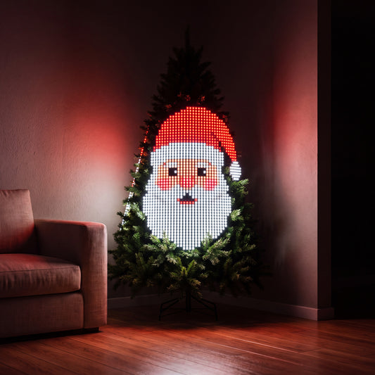 MerryGlow smart Christmas tree lights rendering a pixel-art Santa across a dark-room Christmas tree
