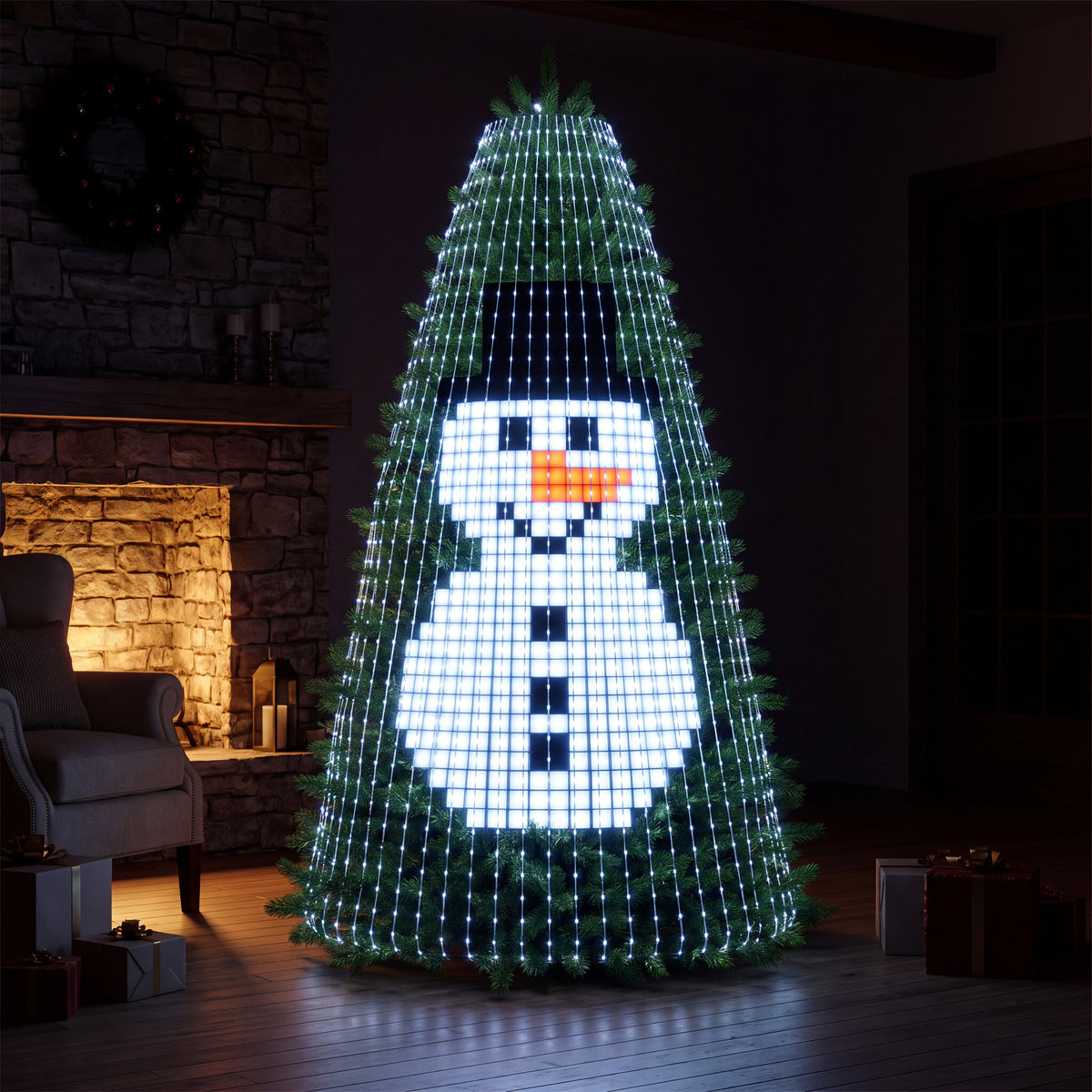MerryGlow lights showing a pixel-art snowman design across the Christmas tree