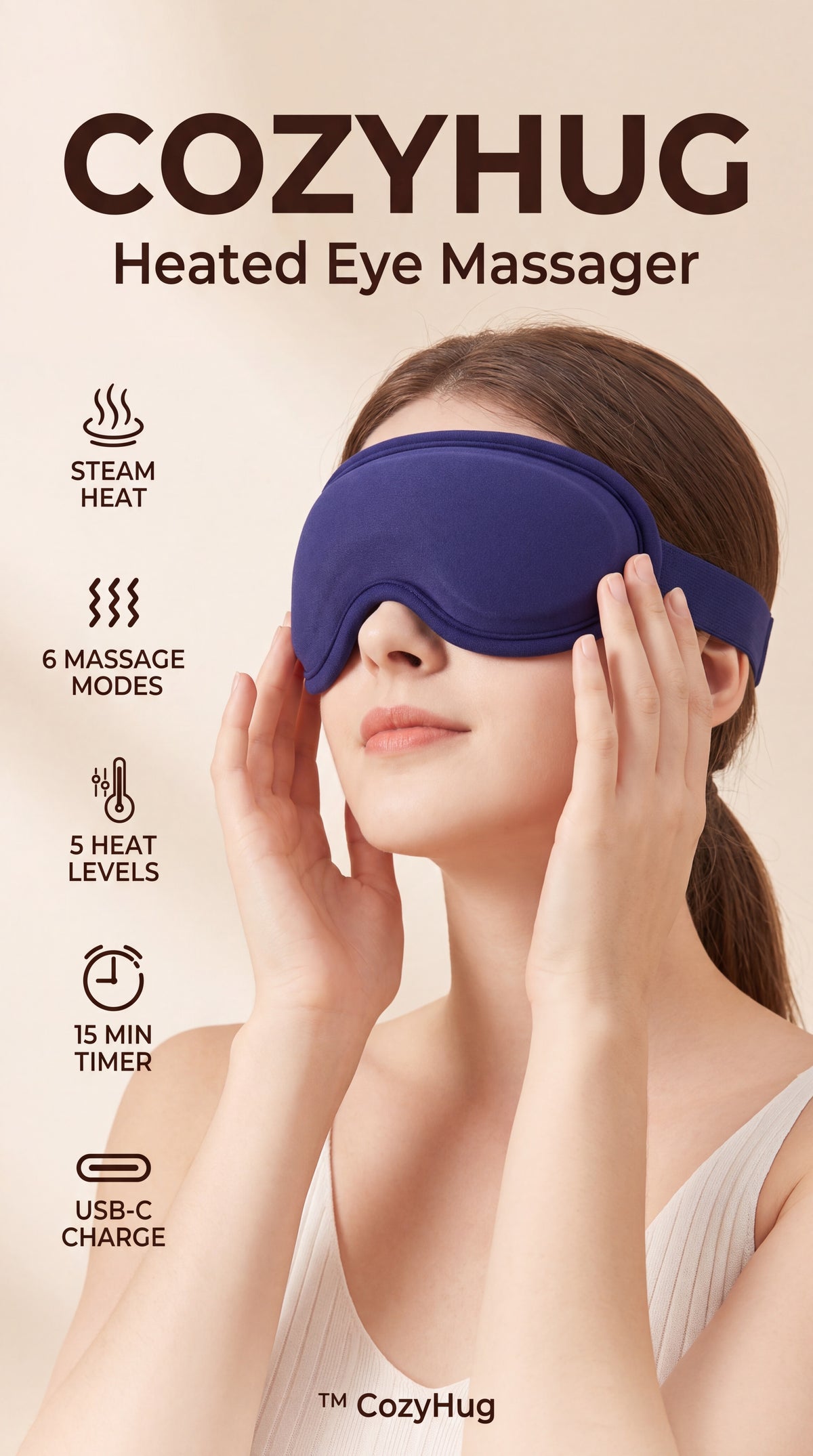 CozyHug Heated Eye Massager - Features steam heat, 6 massage modes, 5 heat levels, 15 min timer, USB-C charge