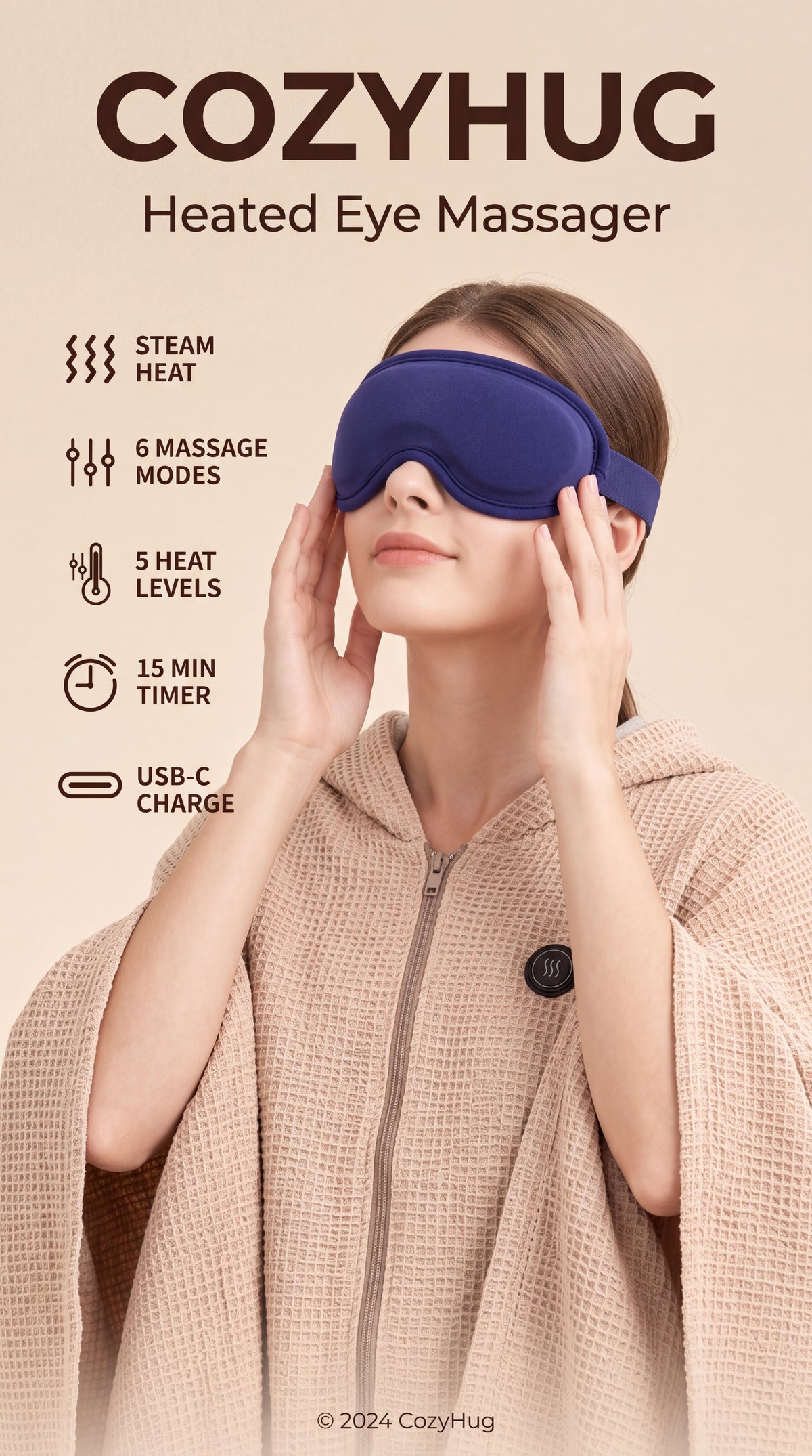 CozyHug Heated Eye Massager - Model wearing CozyHug blanket with navy blue heated eye mask
