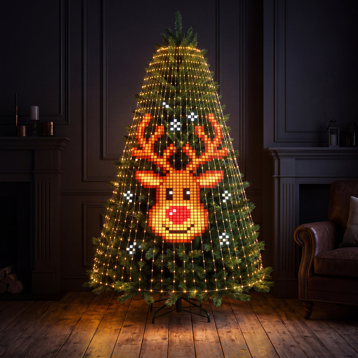 MerryGlow lights showing a pixel-art reindeer design with snowflakes across the Christmas tree