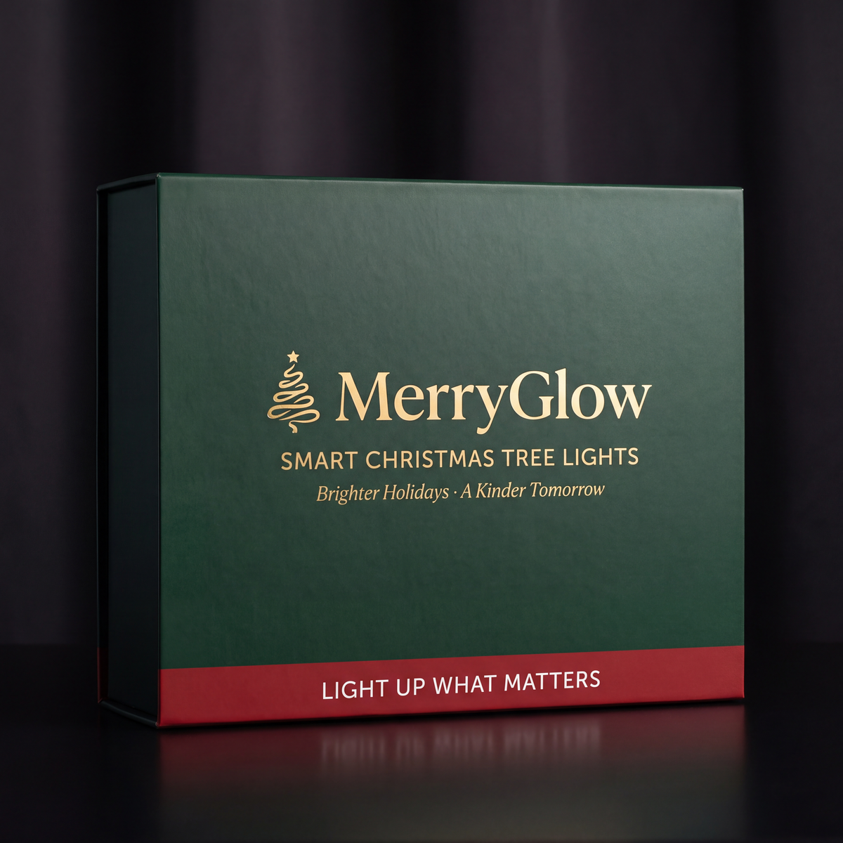MerryGlow deep green retail box with gold wordmark and Light Up What Matters band