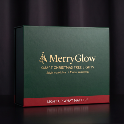 MerryGlow deep green retail box with gold wordmark and Light Up What Matters band