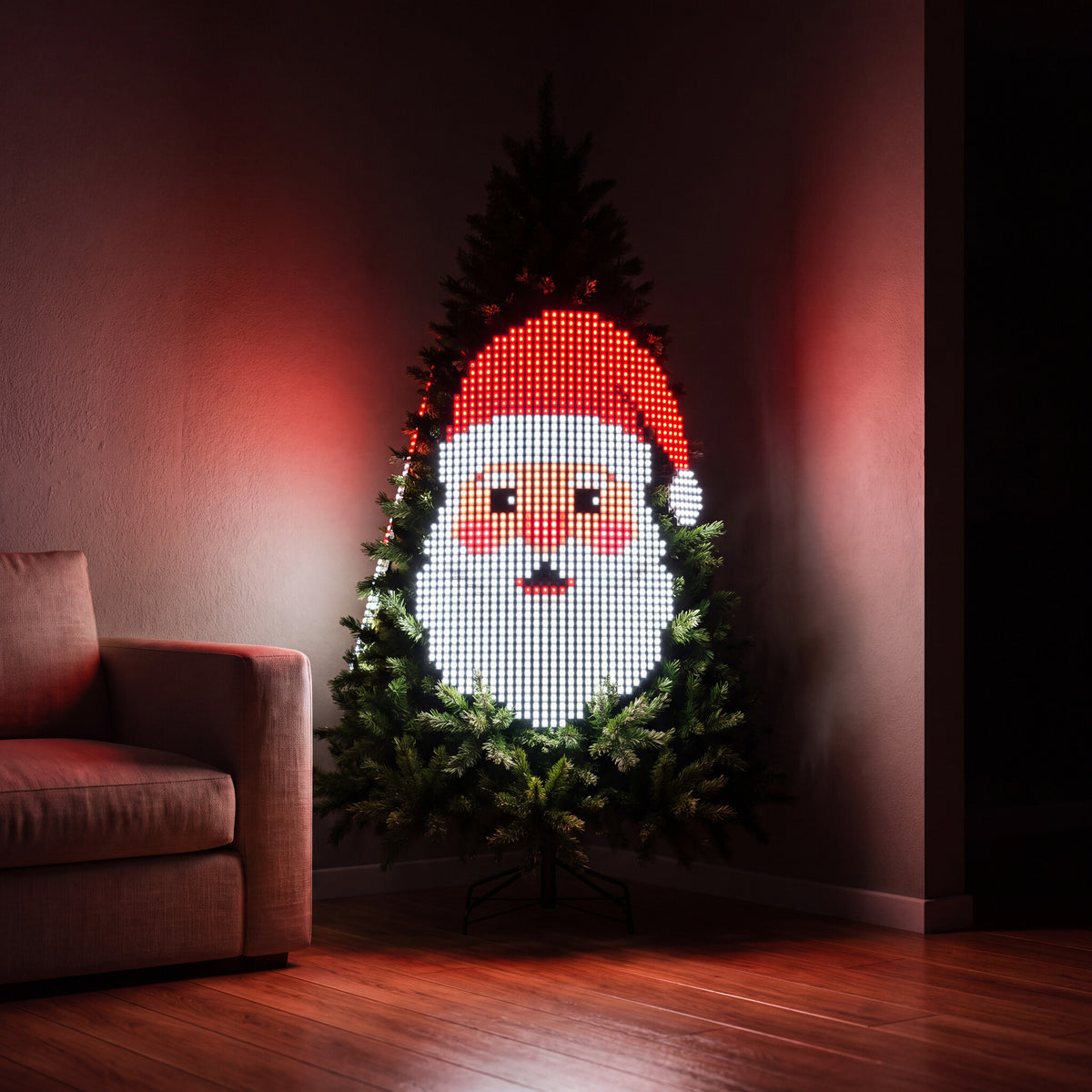 MerryGlow Christmas tree showing a pixel-art Santa